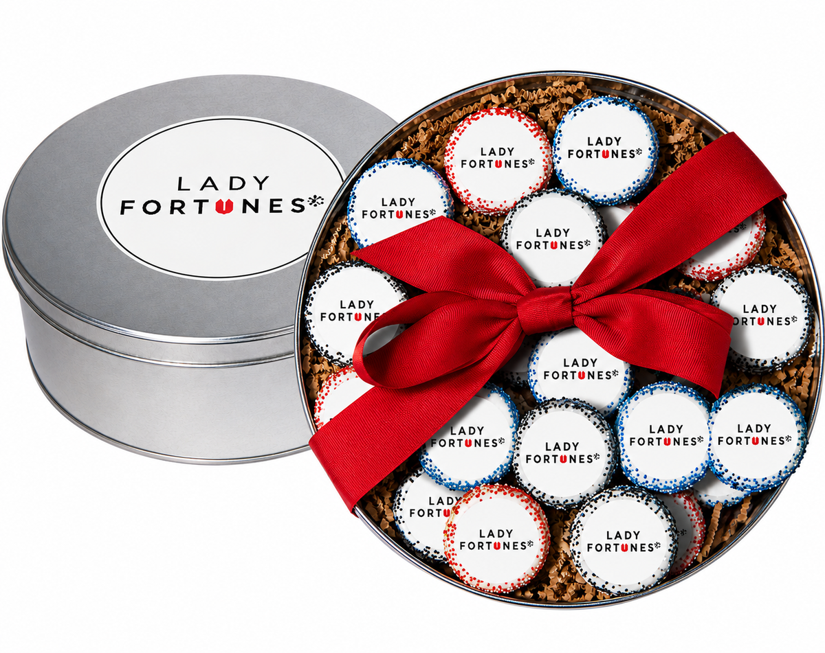 Logo Hand Dipped & Decorated Sandwich Cookie- Tin of 36 Individually Wrapped