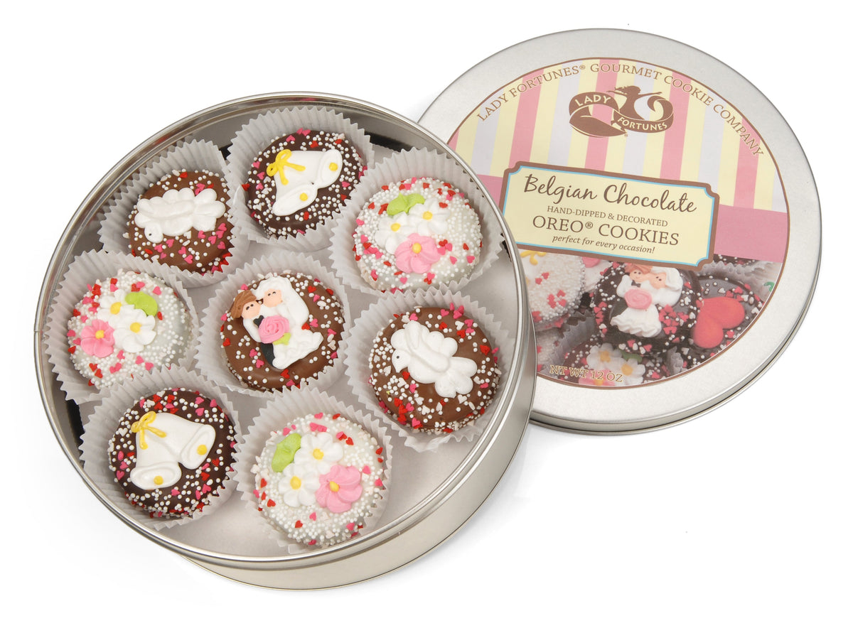 Wedding Hand Dipped & Decorated Sandwich Cookie- Tin of 16
