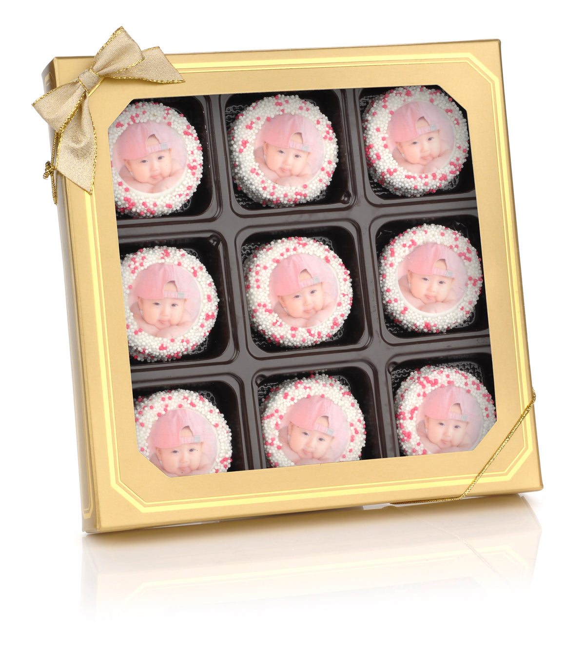 Gold Window Box of 9 Logo/Photo Sandwich Cookies