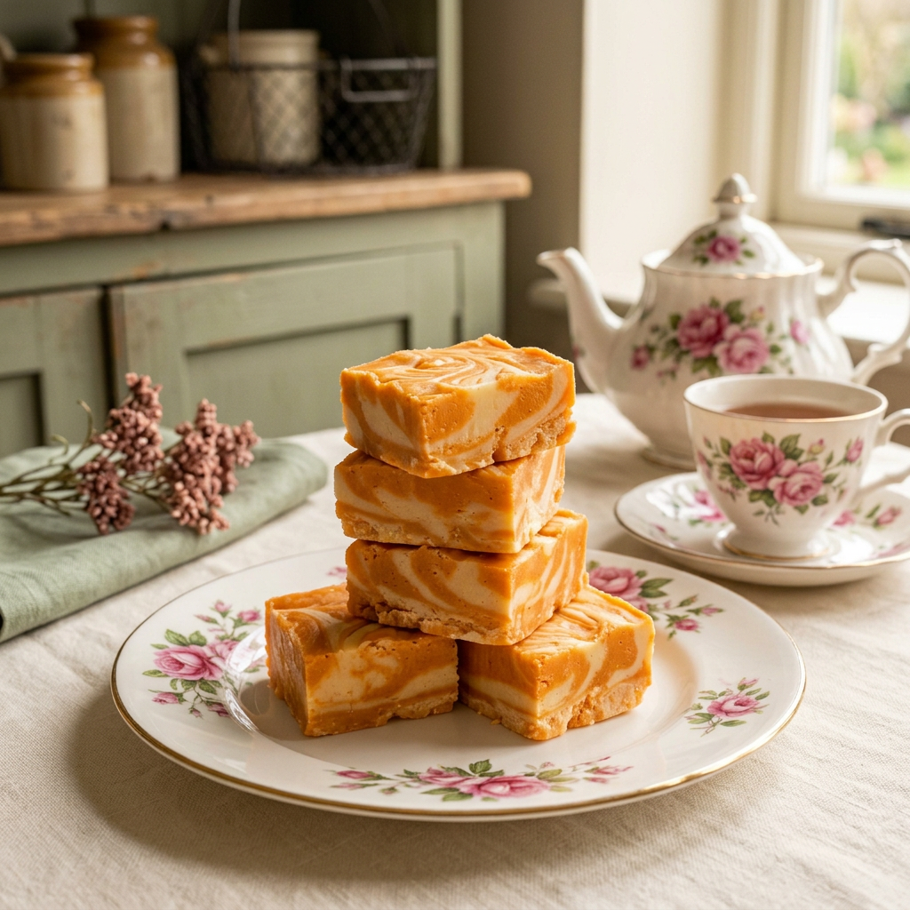 Brighter orange fudge with white swirls on a cottage tea table with rose-patterned china