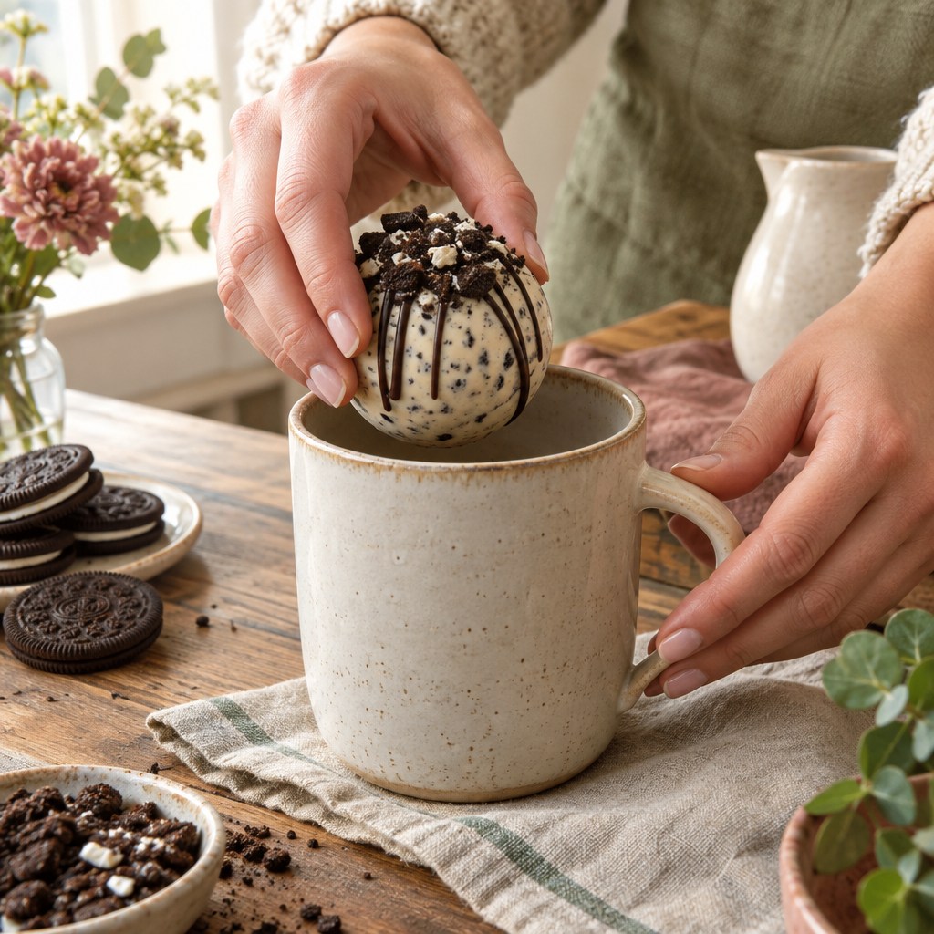 Cookie and cream white chocolate cocoa bomb.