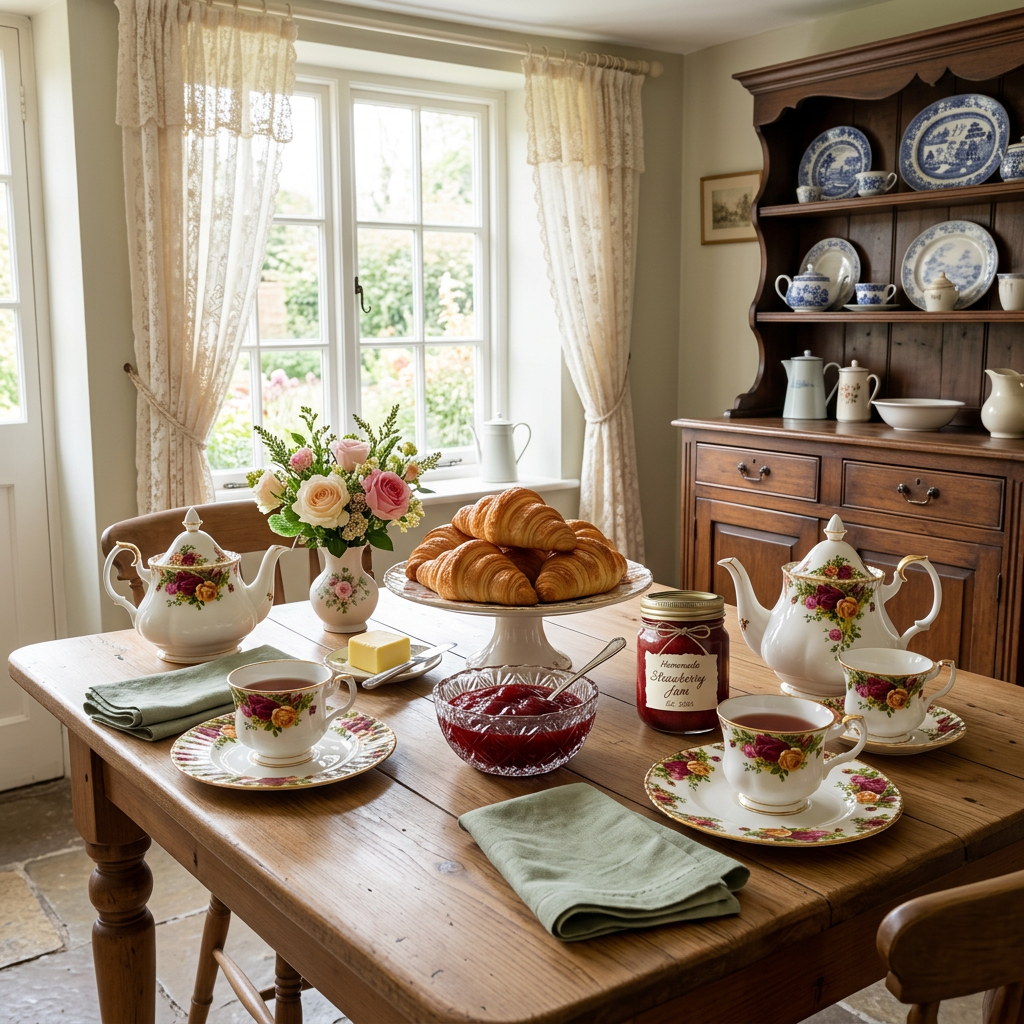 AI-styled afternoon tea table with croissants, strawberry jam and floral china