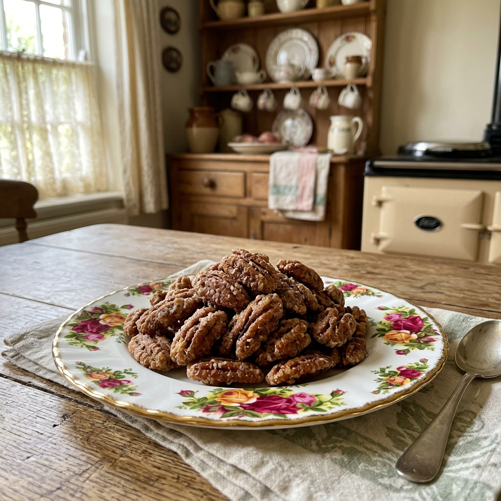 Candied pecan halves on a floral china plate in a bright cottage kitchen