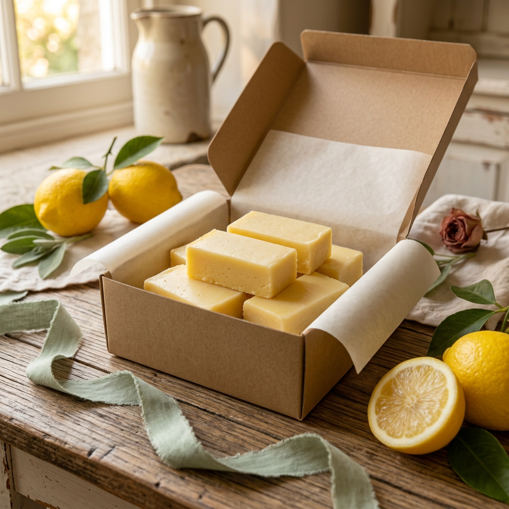 Lemon fudge arranged in a cottage-style gift box