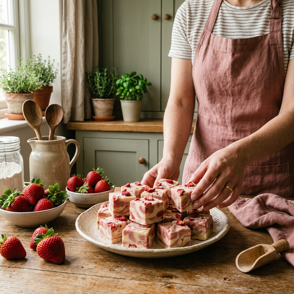 Strawberries and cream fudge kitchen scene