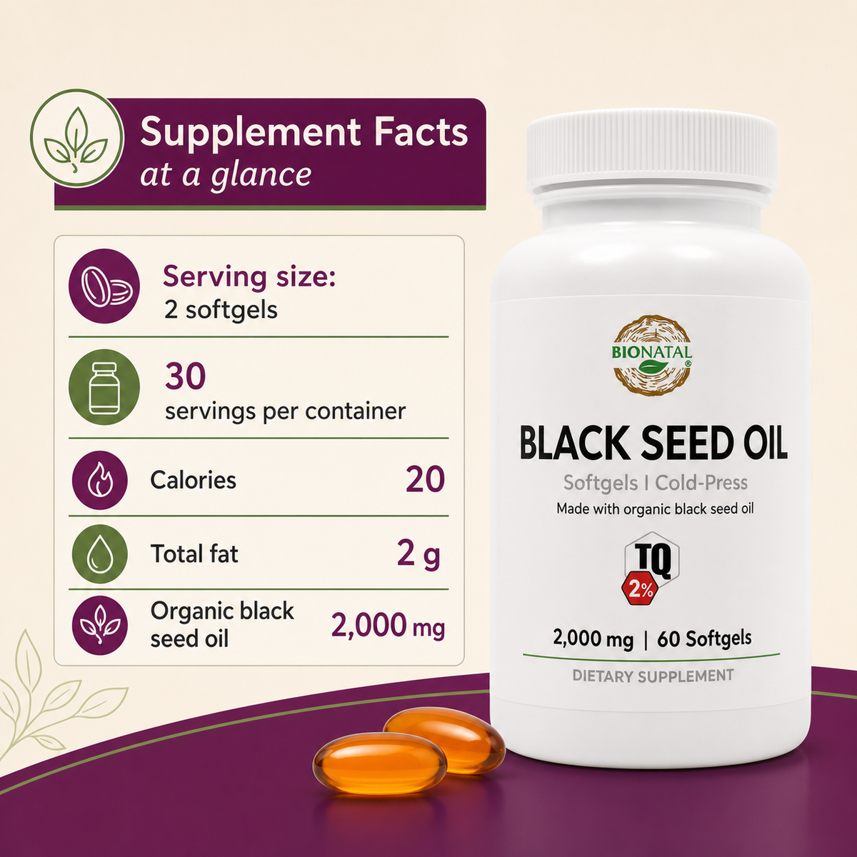 BioNatal Organic Black Seed Oil Softgels 2000mg – 2% TQ
