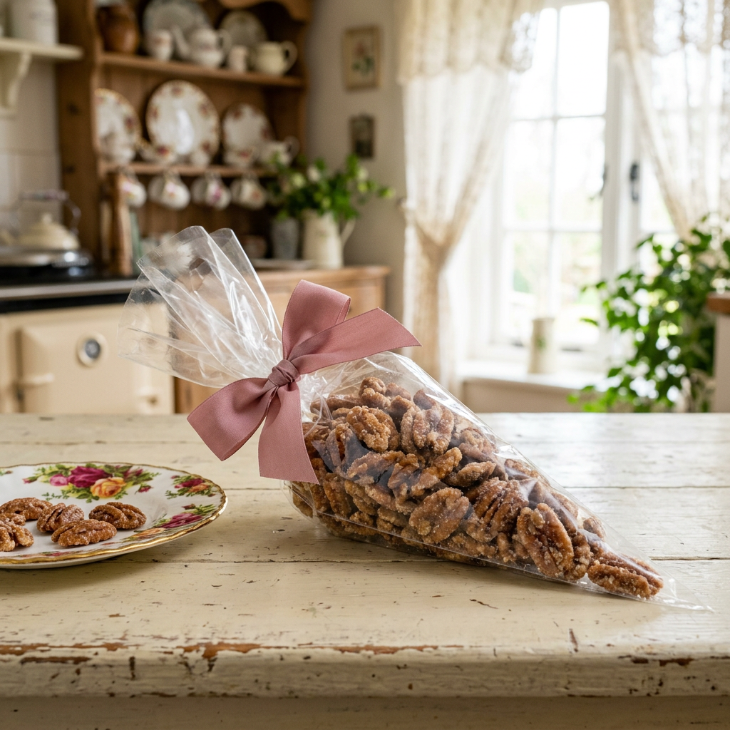 8 oz candied pecans in a clear cone-shaped bag with a dusty-rose bow