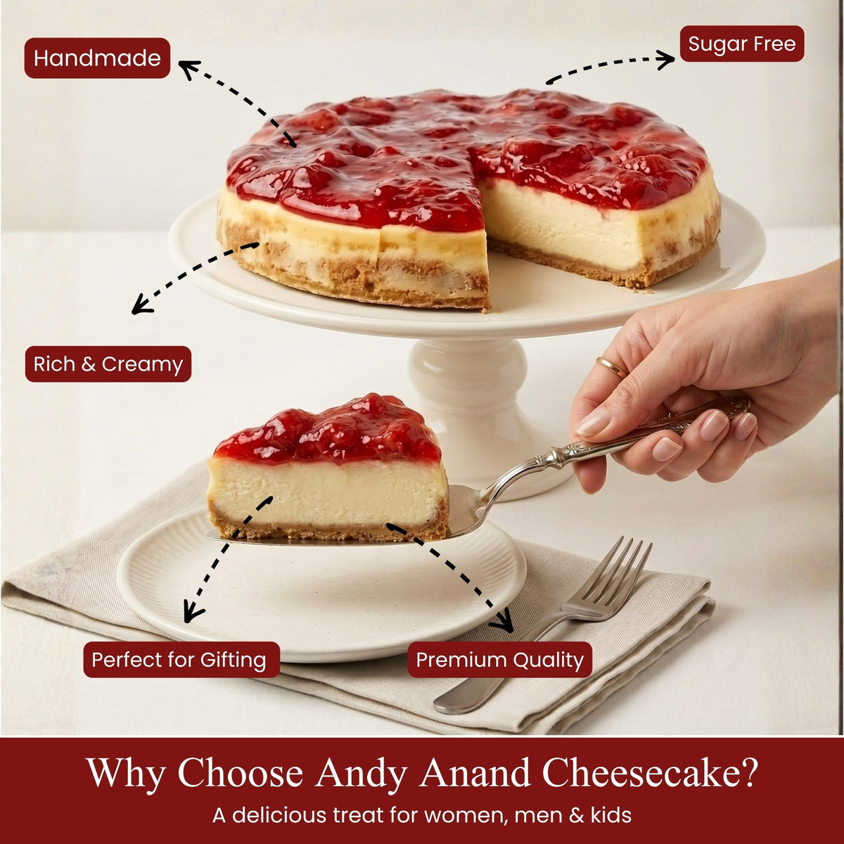 Andy Anand Fresh Strawberry Cheesecake, 9-Inch, 3.4 lb – Handcrafted with Real California Cream Cheese, No Preservatives, Birthday Gift Box