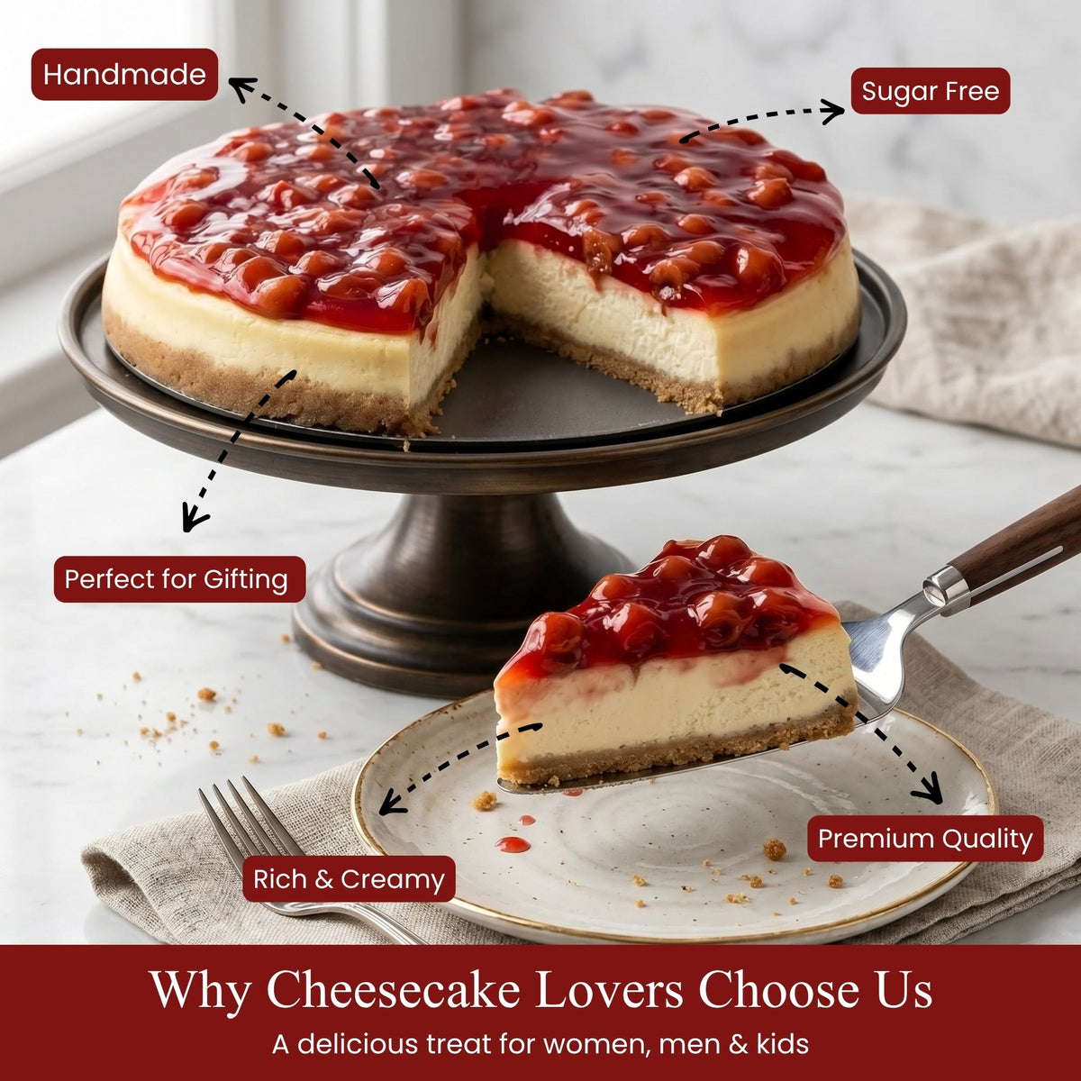 Andy Anand Traditional Cherry Cheesecake, 9-Inch, 3.4 lb – Authentic Recipe, California Cream Cheese, All-Natural, No Preservatives Gift Box