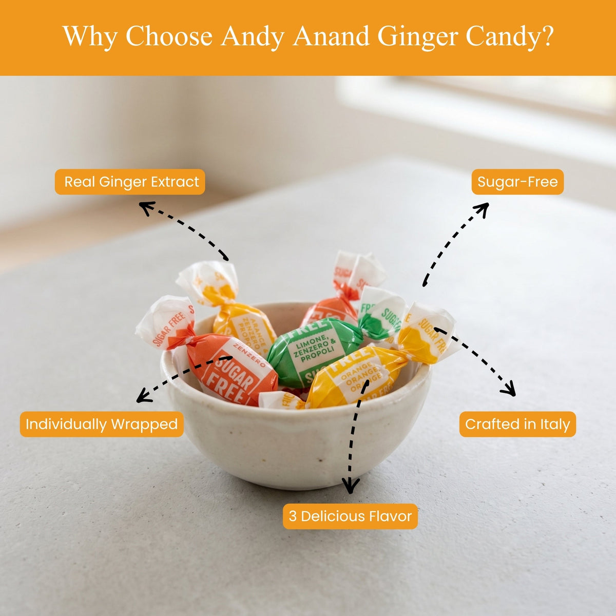 Andy Anand Sugar-Free Italian Ginger Candy, 55 pc, 7 oz – Orange, Mango & Lemon Flavors, Made in Italy, Keto & Diabetic-Friendly Gift Box