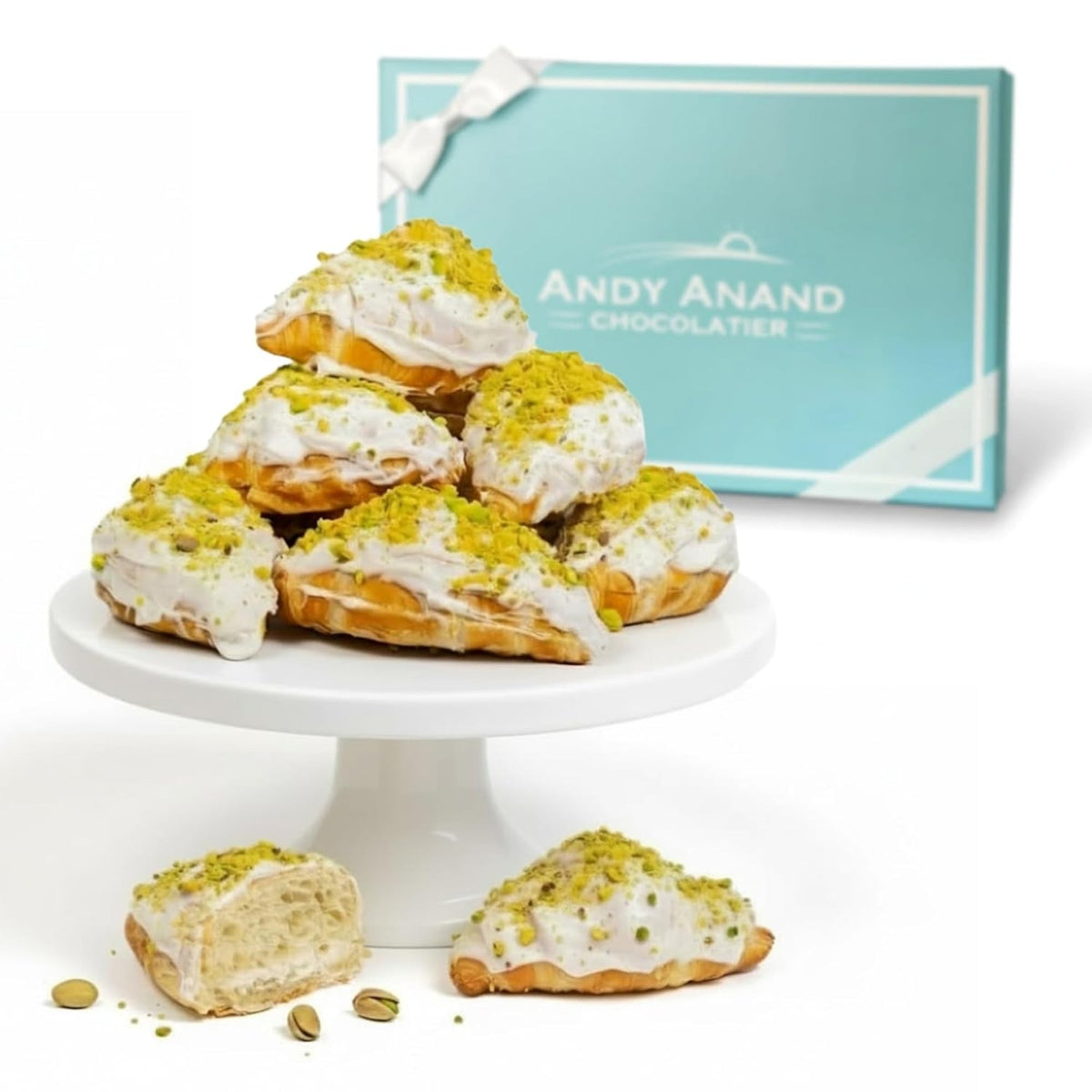 Andy Anand Sugar-Free White Chocolate Pistachio Croissant Cake, 10 pc, 2 lb – Keto & Diabetic-Friendly, Hand-Rolled Birthday Gift Box