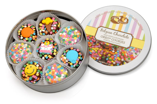 Happy Birthday Hand Dipped & Decorated Sandwich Cookie- Tin of 16