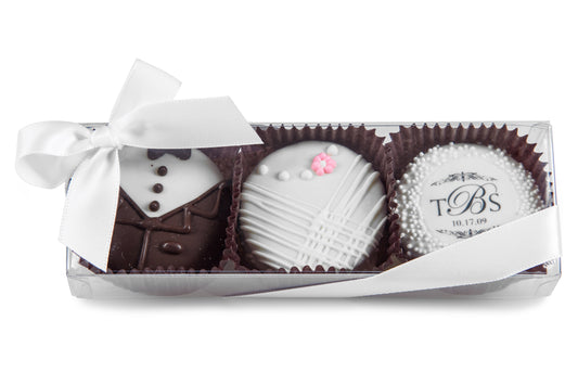 Bride & Groom Hand Dipped & Decorated Sandwich Cookie-Clear Box of 3