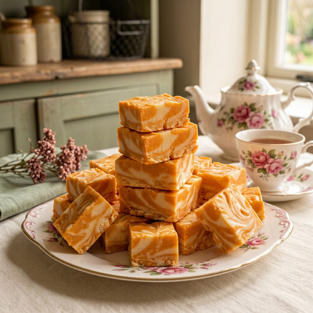 A fuller arrangement of orange-and-white Dreamsicle fudge with rose-patterned china