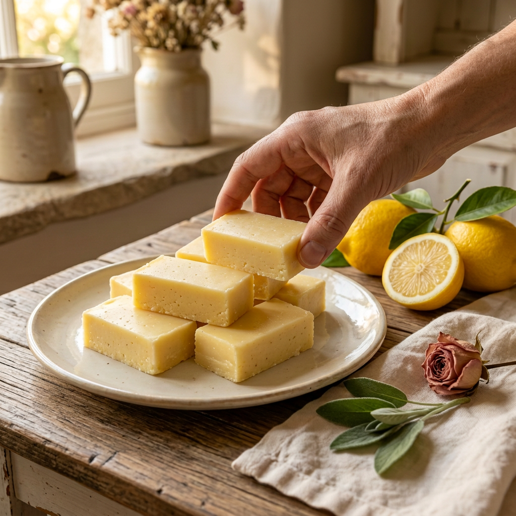 A hand picking up lemon fudge in a cottage kitchen
