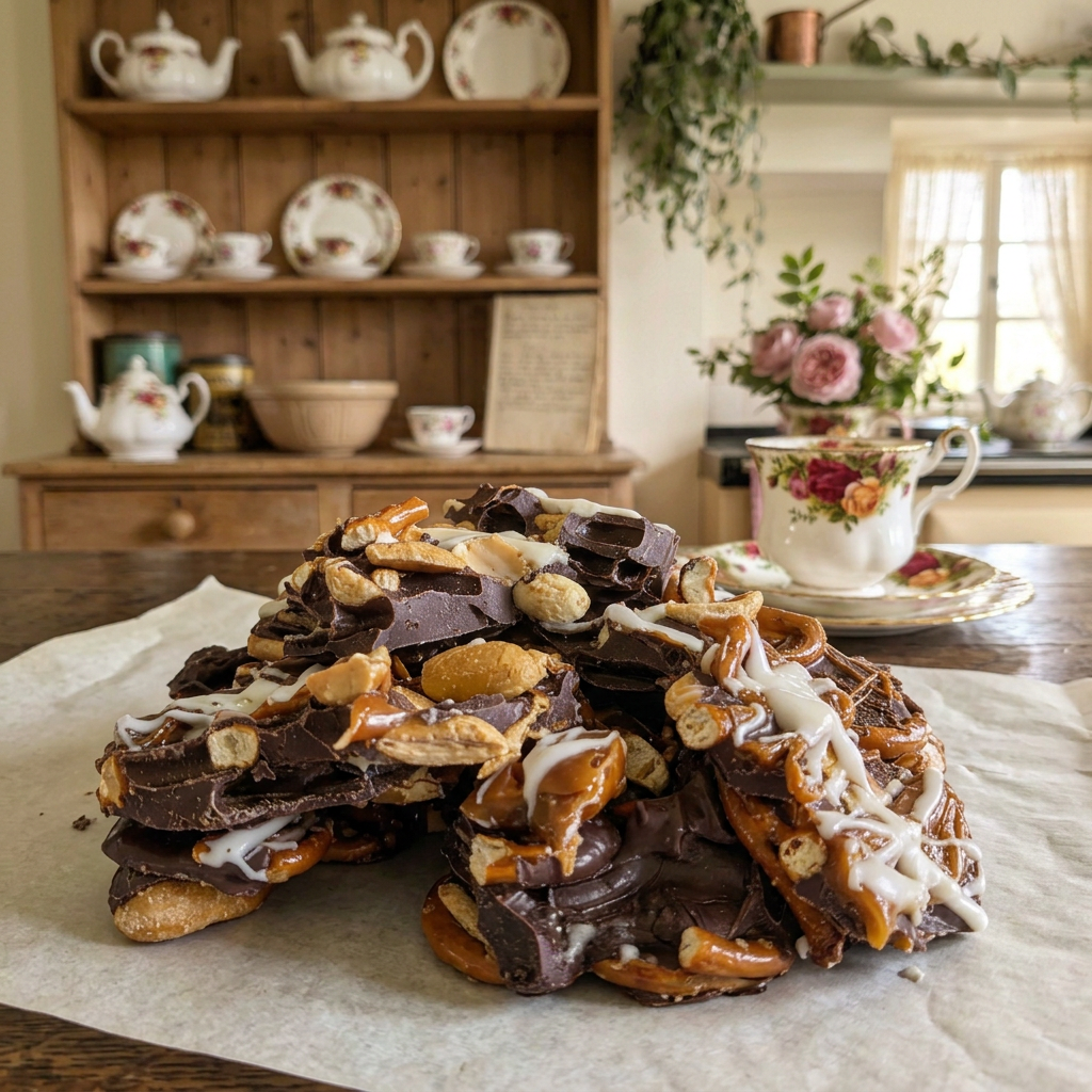 A mound of chocolate bark on parchment in the bright cottage kitchen