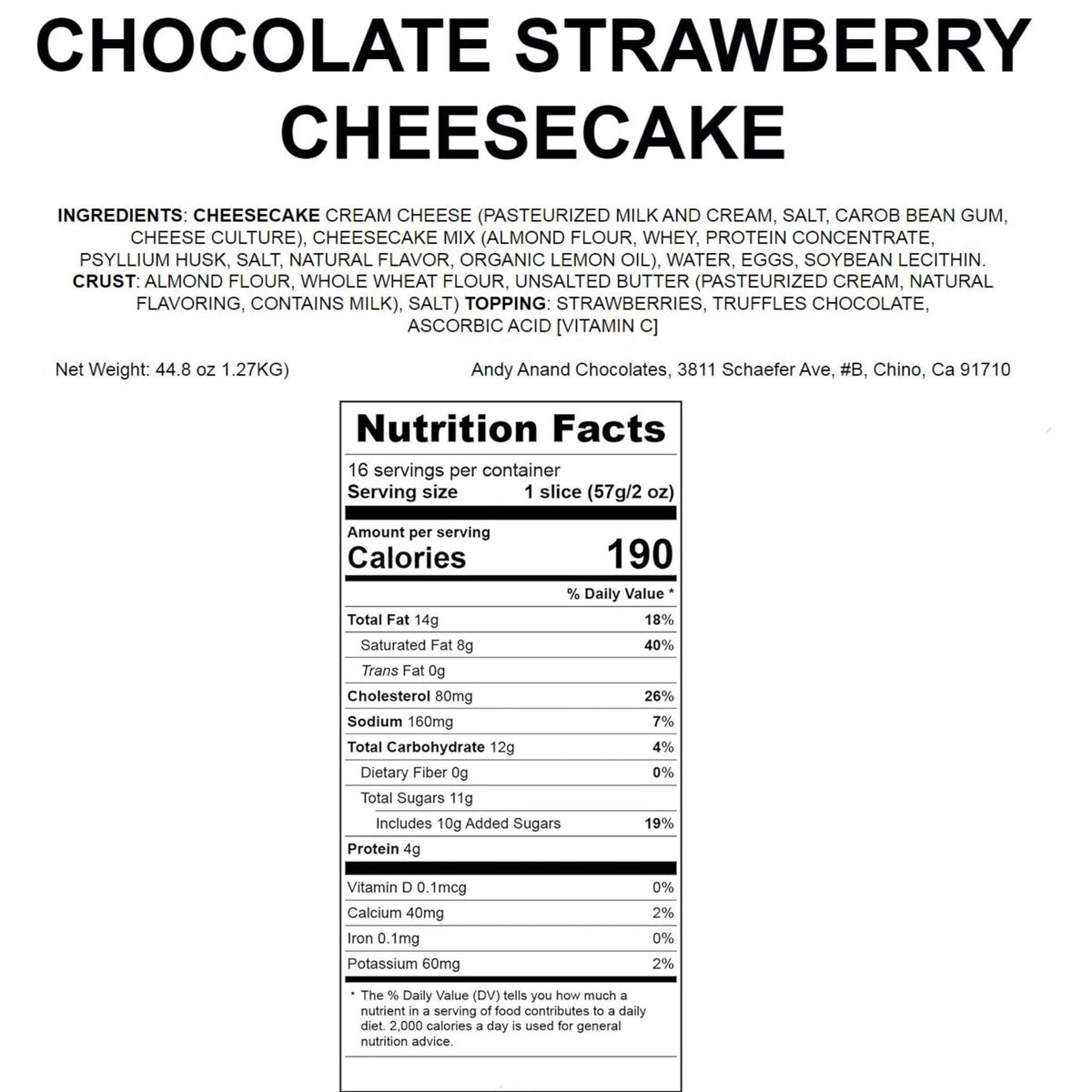 Andy Anand Chocolate Strawberry Cheesecake, 9-Inch, 2.8 lb – Real Chocolate Truffles, California Cream Cheese, No Preservatives Gift Box