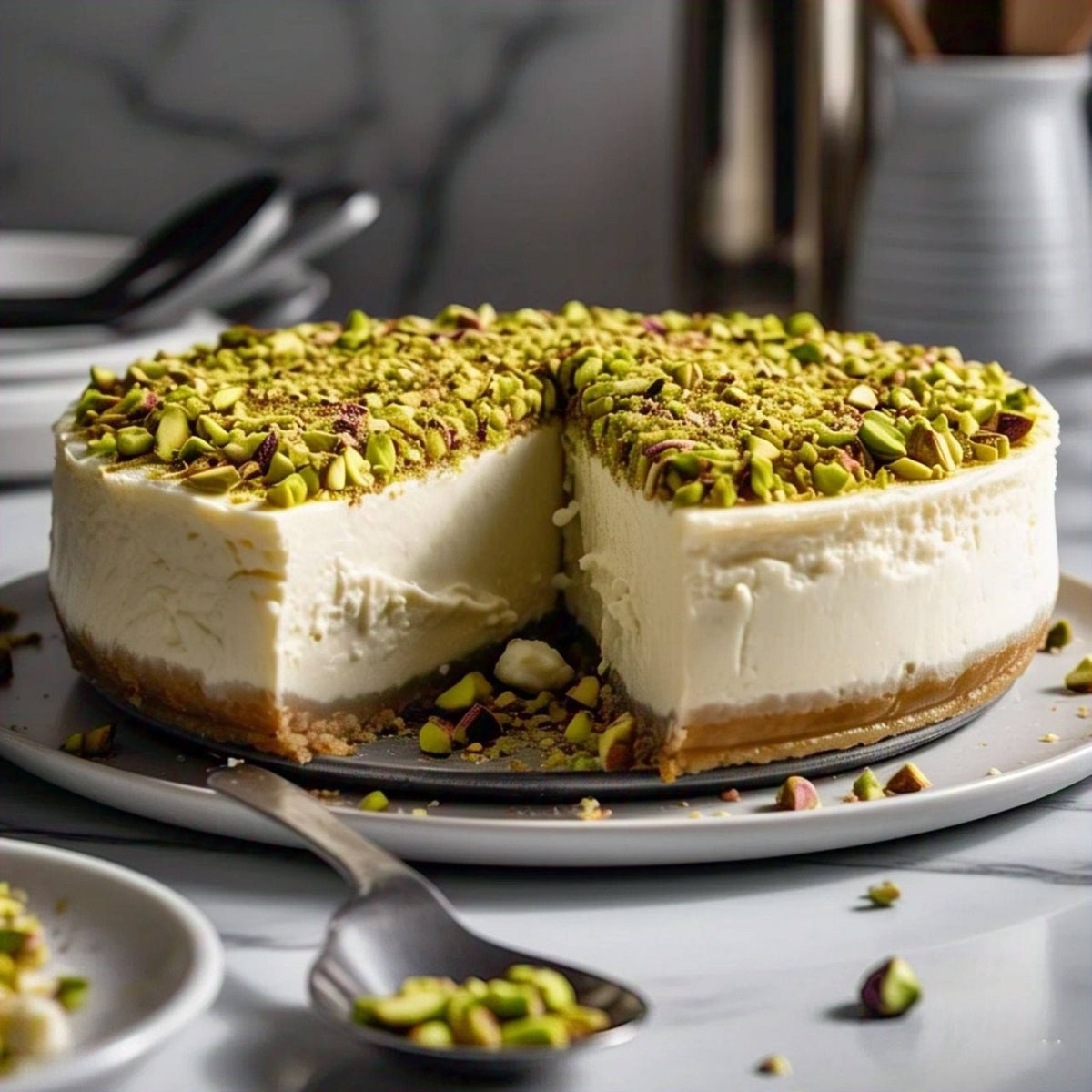 Andy Anand Caramel Pistachio Cheesecake, 9-Inch, 2 lb – Freshly Baked, Real California Cream Cheese, No Preservatives, Birthday Gift Box