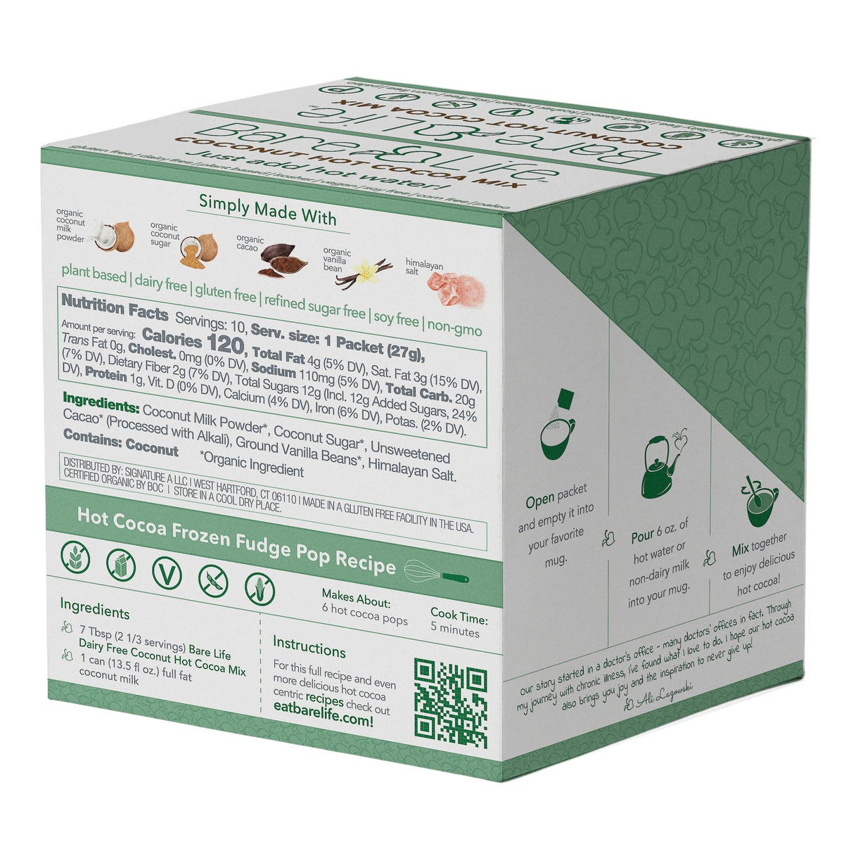 Instant Dairy Free Coconut Hot Cocoa Mix  | Single Serving 10 Pack |Gluten Free, Vegan and Organic