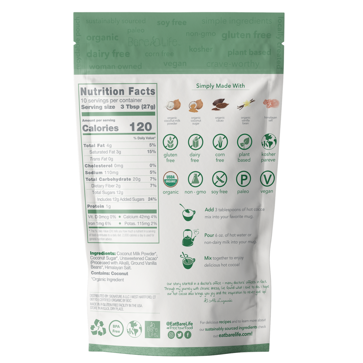 Instant Dairy Free Coconut Hot Cocoa Mix  |  10 Serving Pouch | Gluten Free, Vegan and Organic