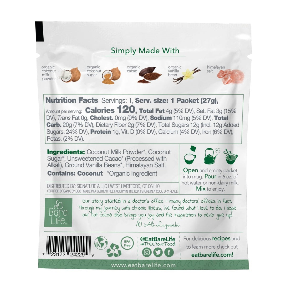 Instant Dairy Free Coconut Hot Cocoa Mix  |  20 Pack Single Serving |Gluten Free, Vegan and Organic