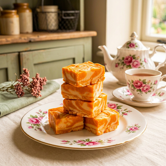 Brighter orange fudge with white swirls on a cottage tea table with rose-patterned china