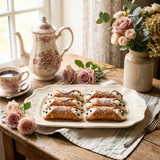 Brighter six-cannoli setting with pink roses and china coffee service