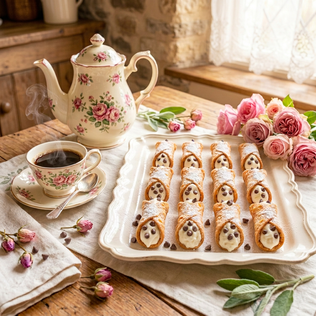 Brighter twelve-cannoli setting with pink roses and china coffee service