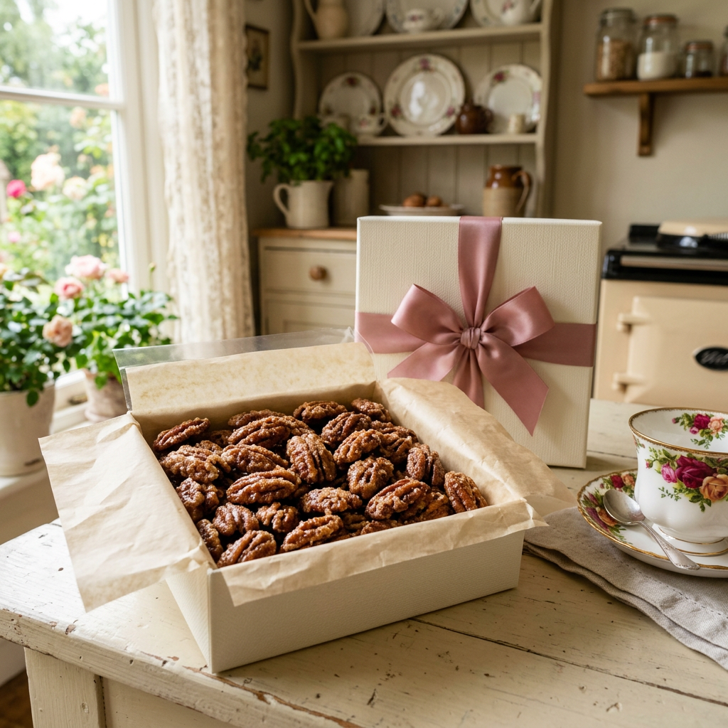 Candied pecans presented in a cream gift box with a dusty-rose bow