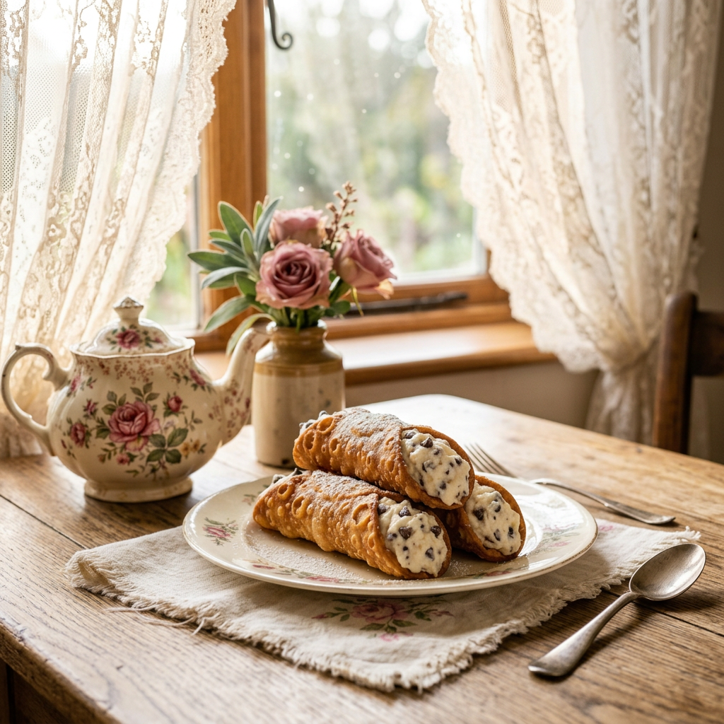 Cannoli displayed on a vintage plate in a warm cottage-table setting