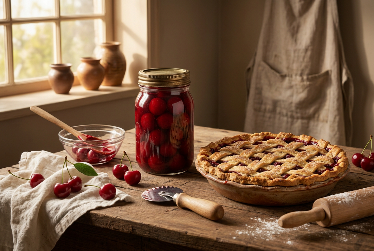 Home-made cherry pie filling in a bowl, showcasing vibrant red cherries and thickened syrup for delicious pies.