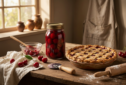 Home-made cherry pie filling in a bowl, showcasing vibrant red cherries and thickened syrup for delicious pies.