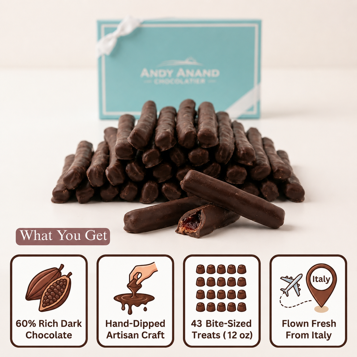 Andy Anand 60% Dark Chocolate Cherry Peel, Vegan, Gluten-Free, 12oz Gift Box (Approx. 43 Hand-Dipped Pieces) – Premium Italian Gourmet Treat
