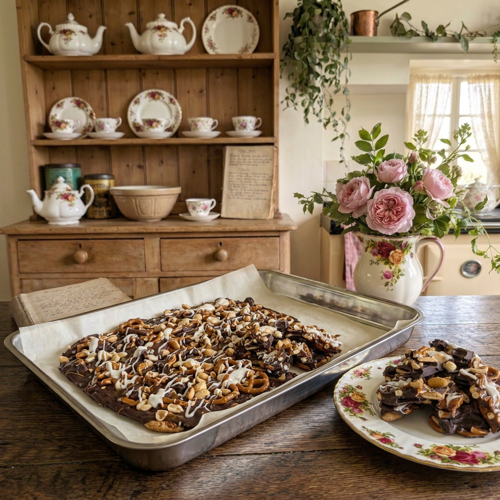 Chocolate bark on a clean parchment-lined tray in the bright cottage kitchen