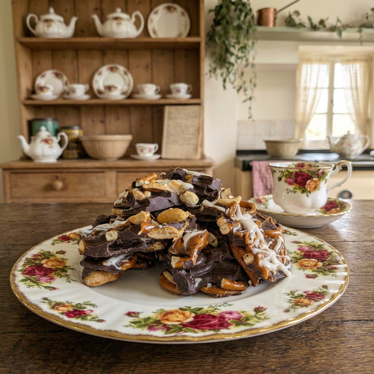 Chocolate bark on Old Country Roses china in the bright cottage kitchen