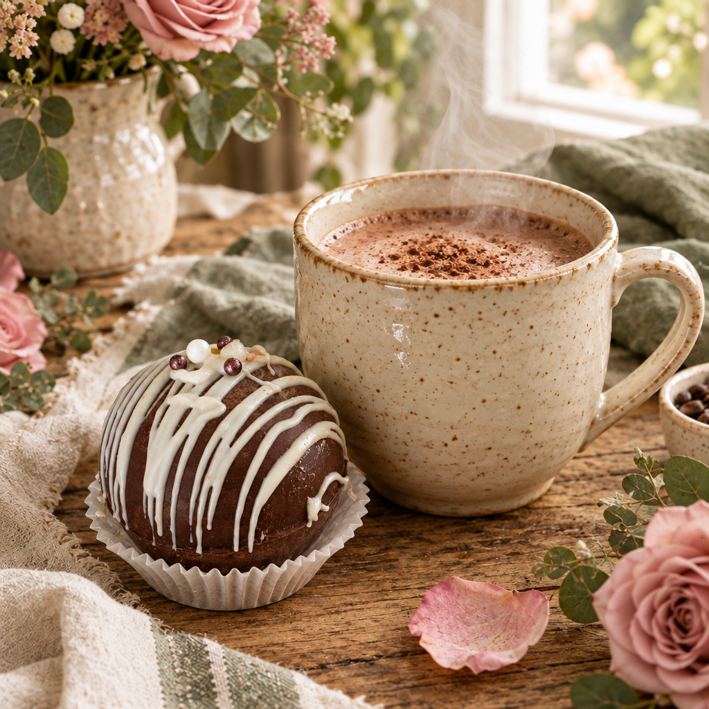 Chocolate bomb beside a steaming cup