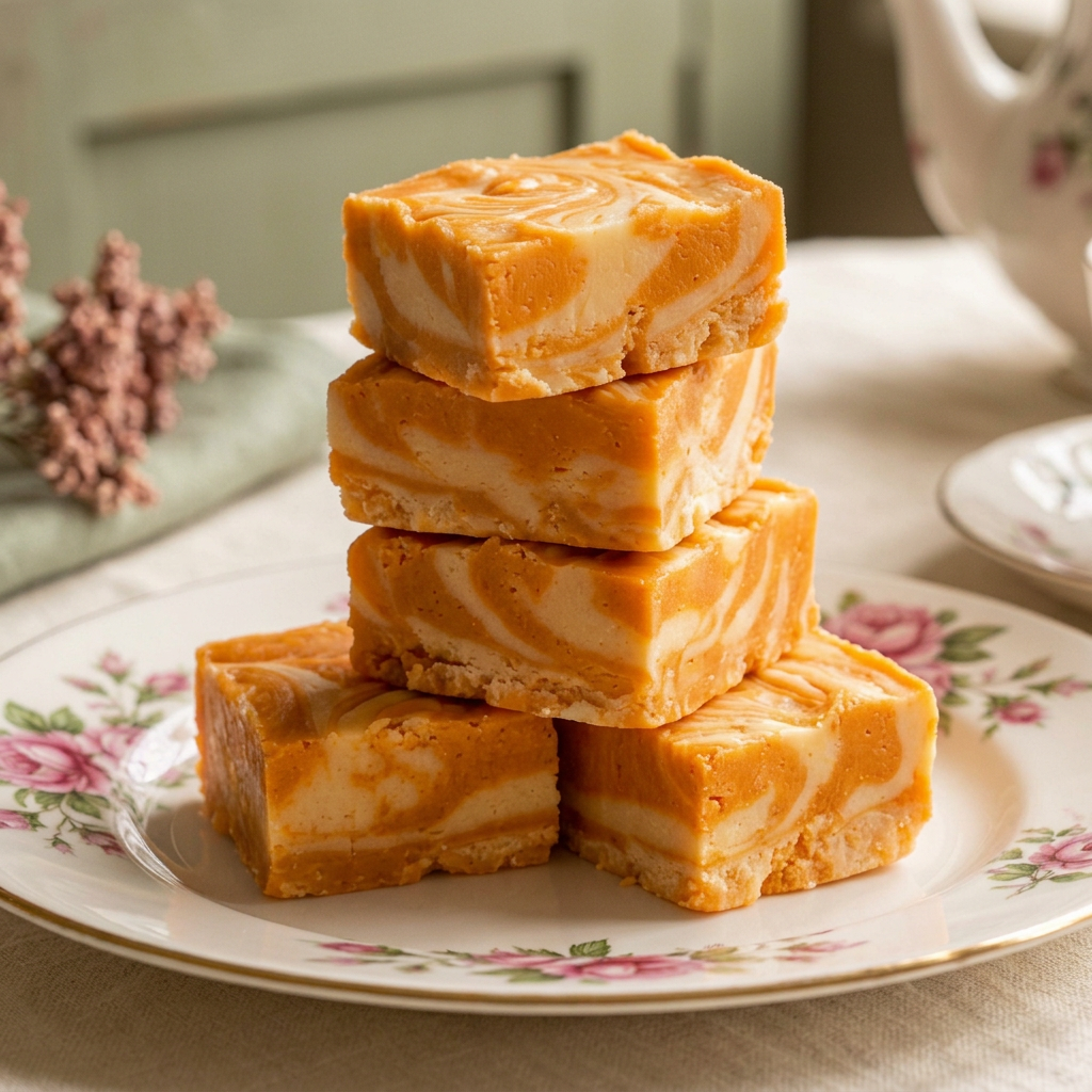 Close-up of Orange Dreamsicle fudge on a rose-patterned china plate