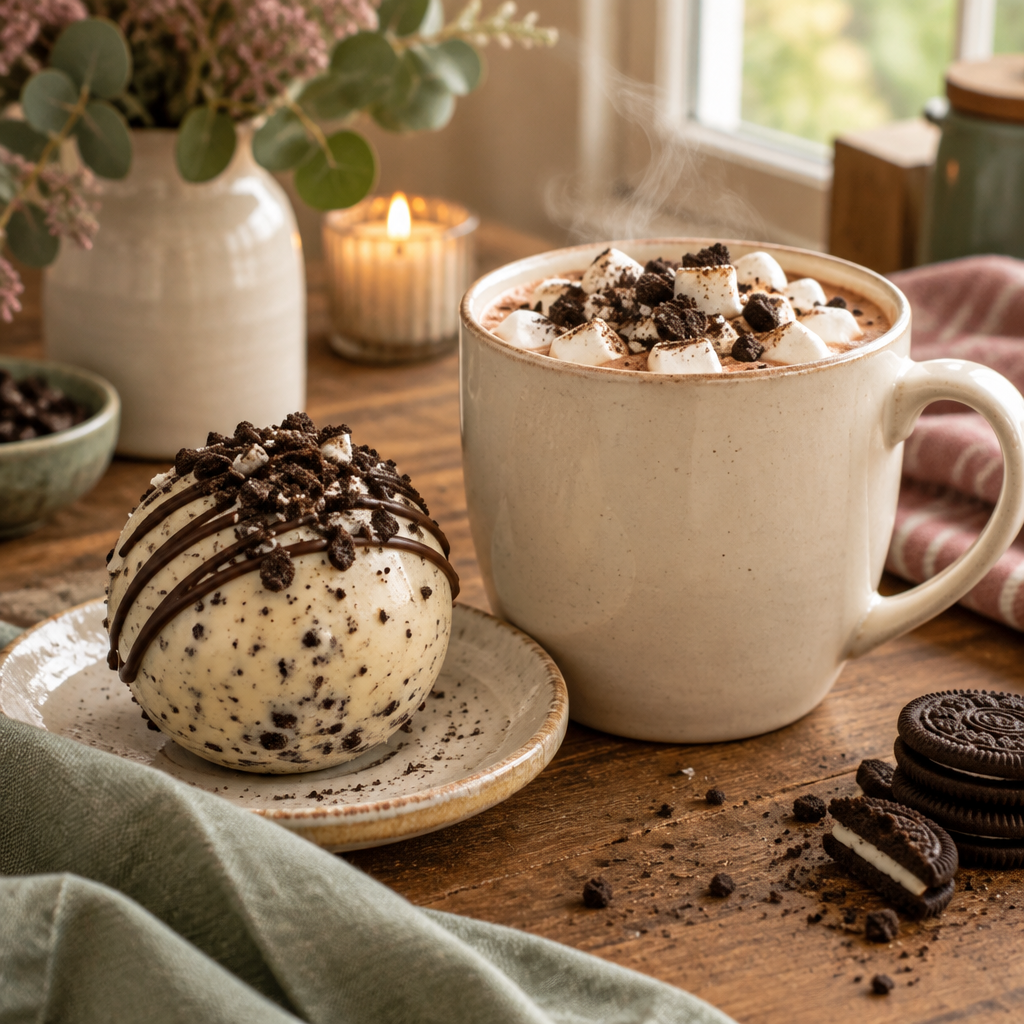 Cookies-and-cream cocoa bomb beside a cozy mug of cocoa