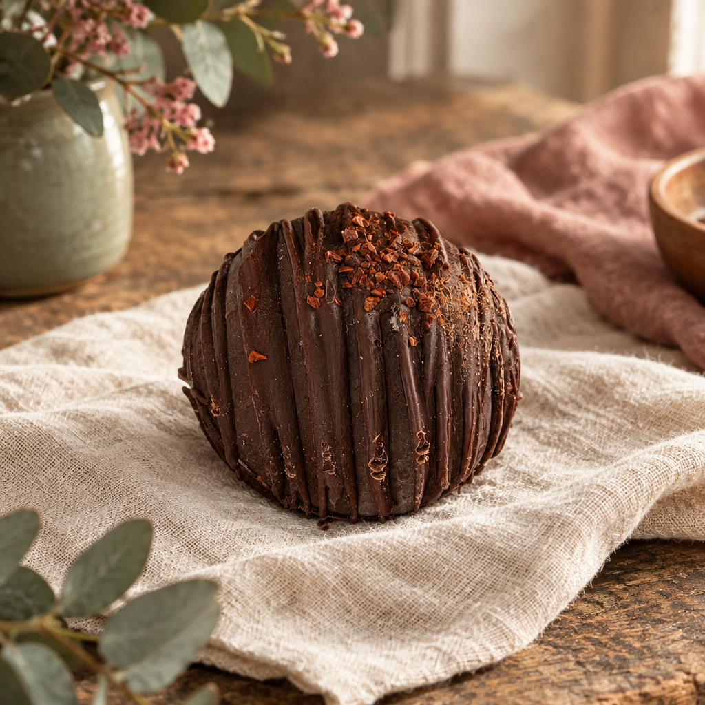 Dark chocolate cappuccino bomb on a farmhouse table