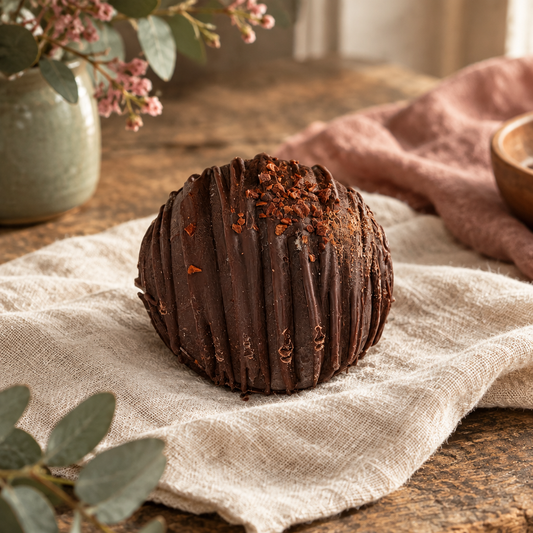 Dark chocolate cappuccino bomb on a farmhouse table