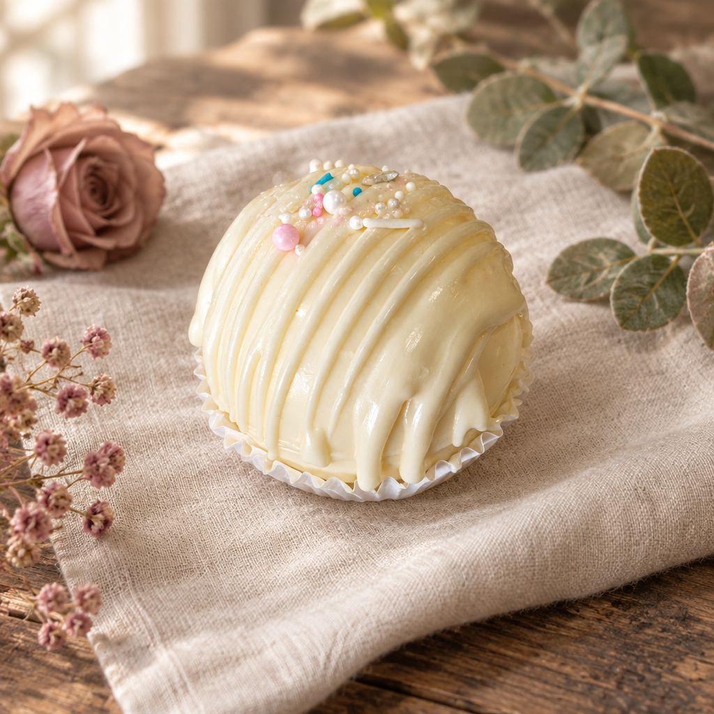 French vanilla cappuccino bomb beside a rose, based on your photo