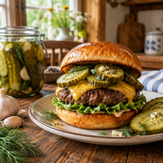 Garlic Dill Pickles on burger