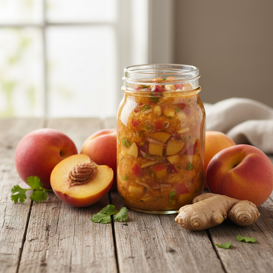 16 oz jar of handcrafted Peach Ginger Salsa by Rose Cottage Creations