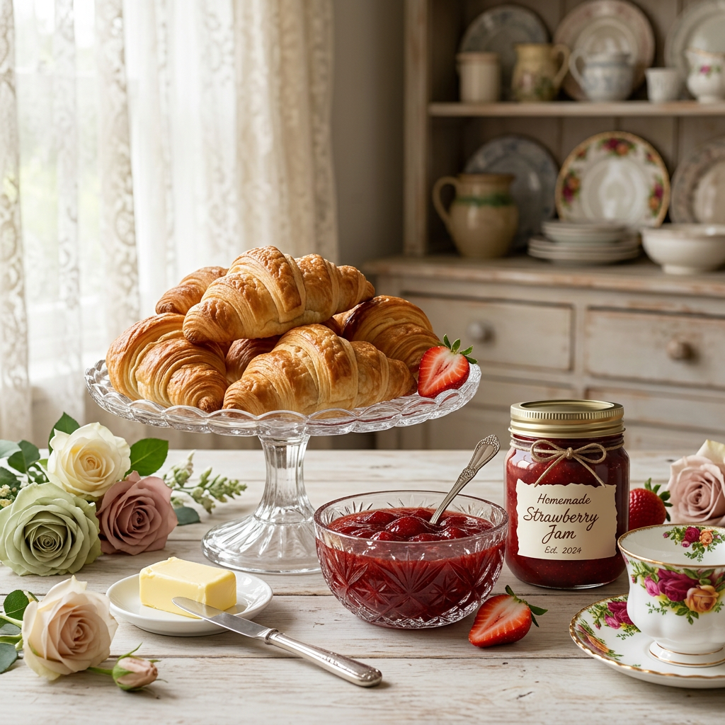 AI-styled serving suggestion with croissants, butter and strawberry jam in a crystal bowl