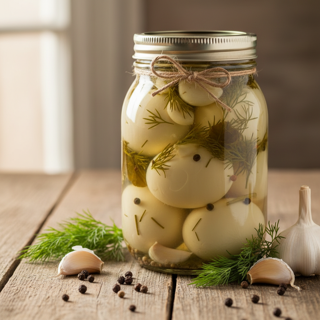 32 oz jar of handcrafted Garlic Dill Pickled Farm Fresh Eggs by Rose Cottage Creations