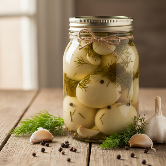 32 oz jar of handcrafted Garlic Dill Pickled Farm Fresh Eggs by Rose Cottage Creations