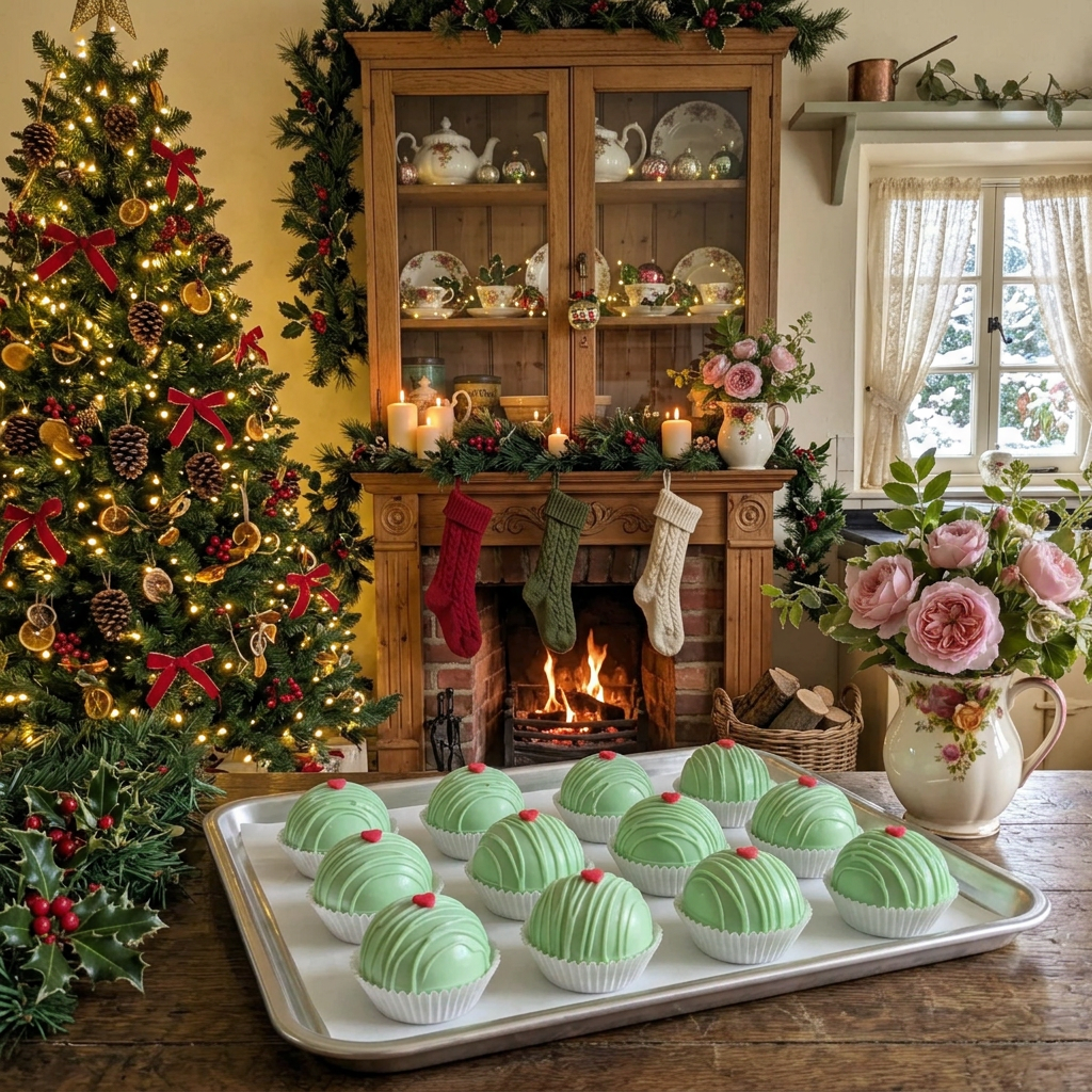 Rose Cottage Creations Grinch cocoa bomb with green chocolate shell and festive holiday design