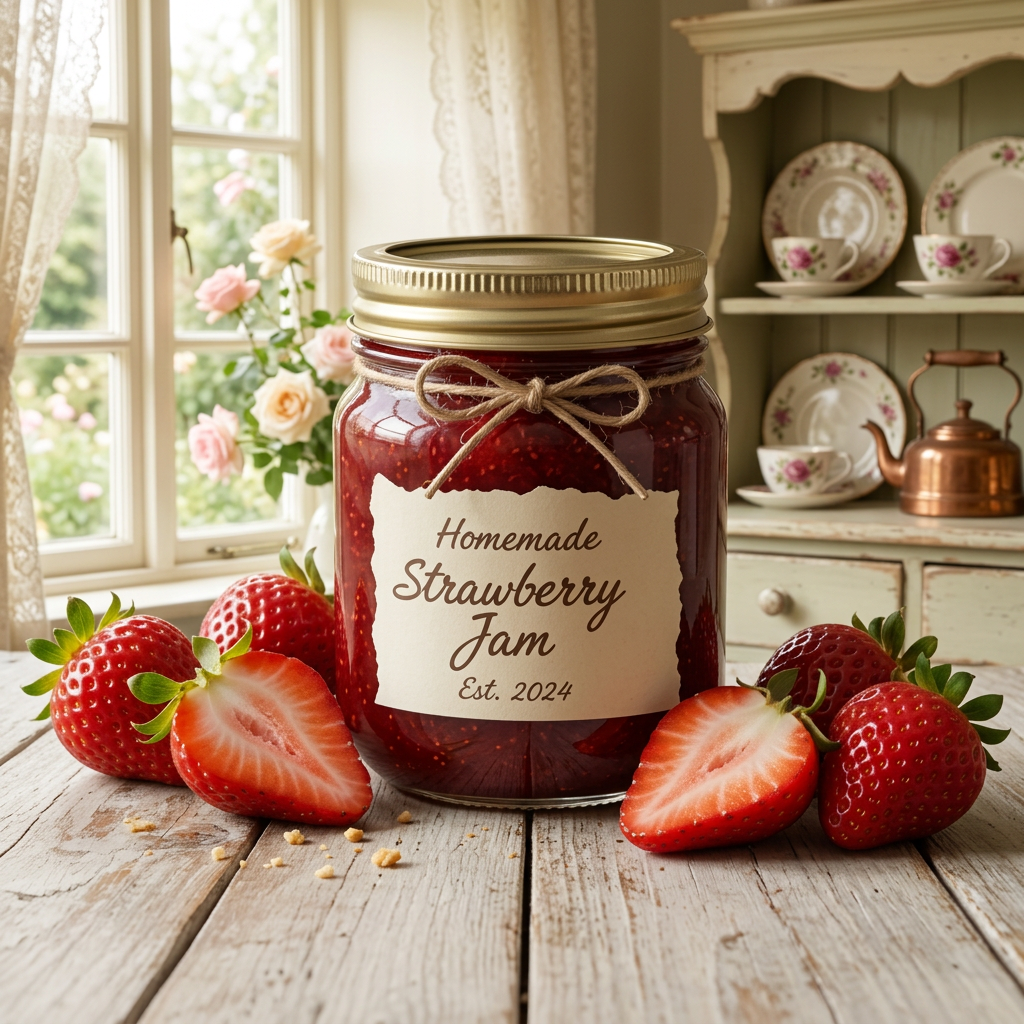 AI-styled strawberry jam jar with fresh strawberries in a bright cottage kitchen