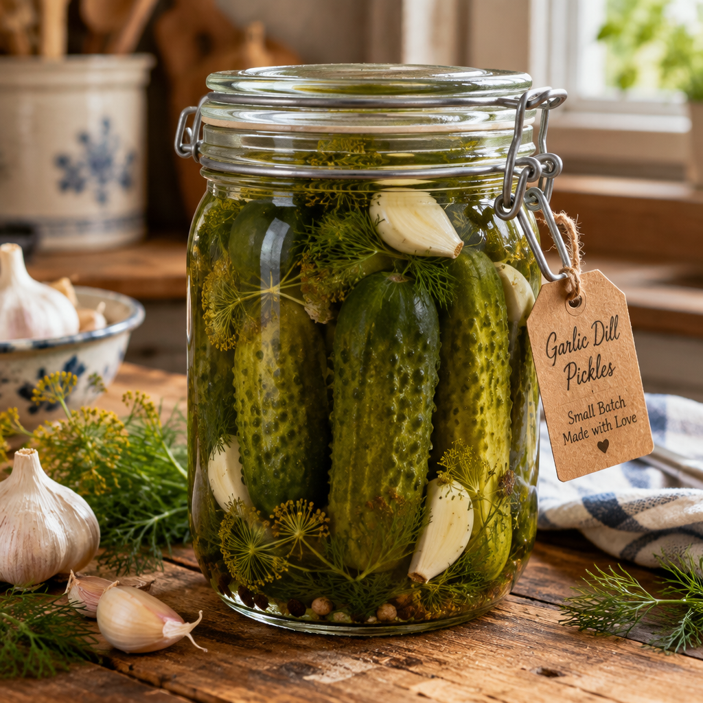 Jar of Homestyle Spicy Dill Pickles by Rose Cottage Creations, showcasing vibrant, homegrown and canned vegetables with spicy dill flavor.