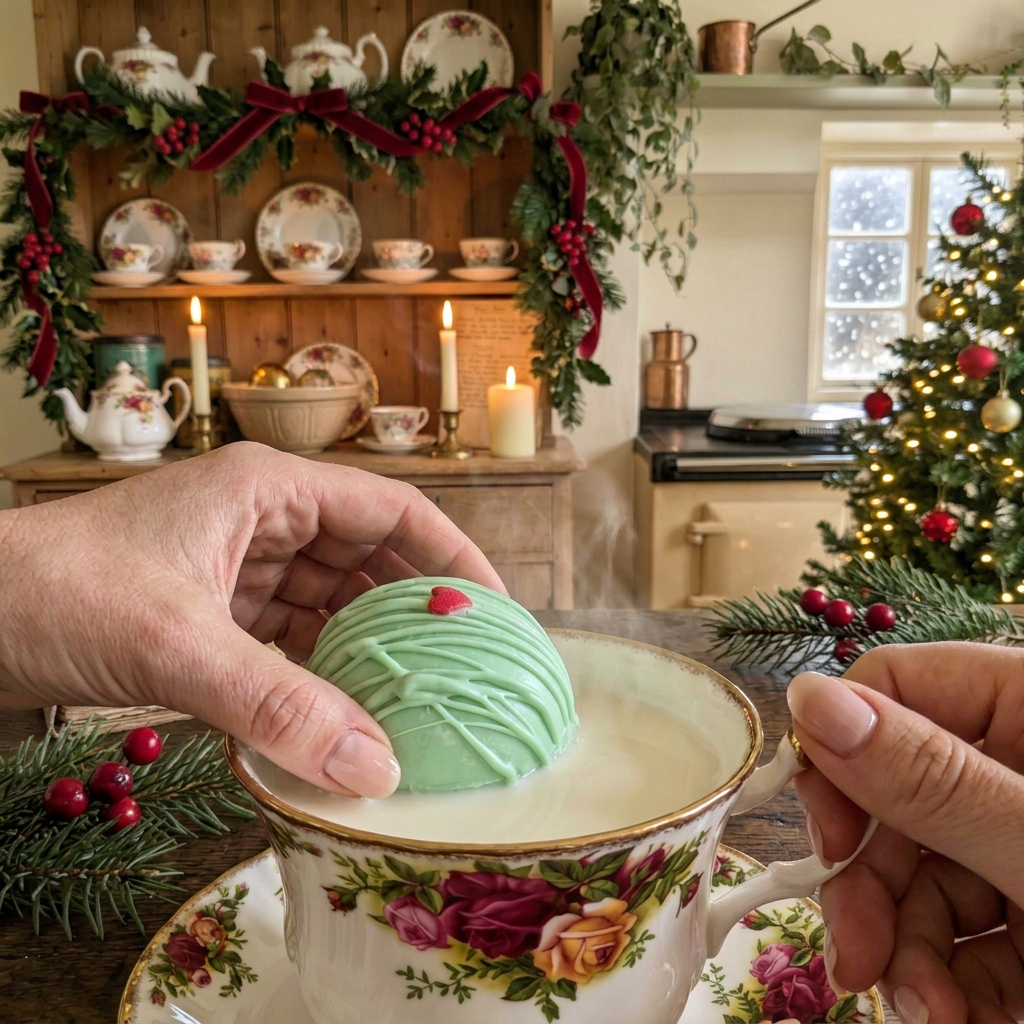 Rose Cottage Creations Grinch cocoa bomb with green chocolate shell and festive Grinch design